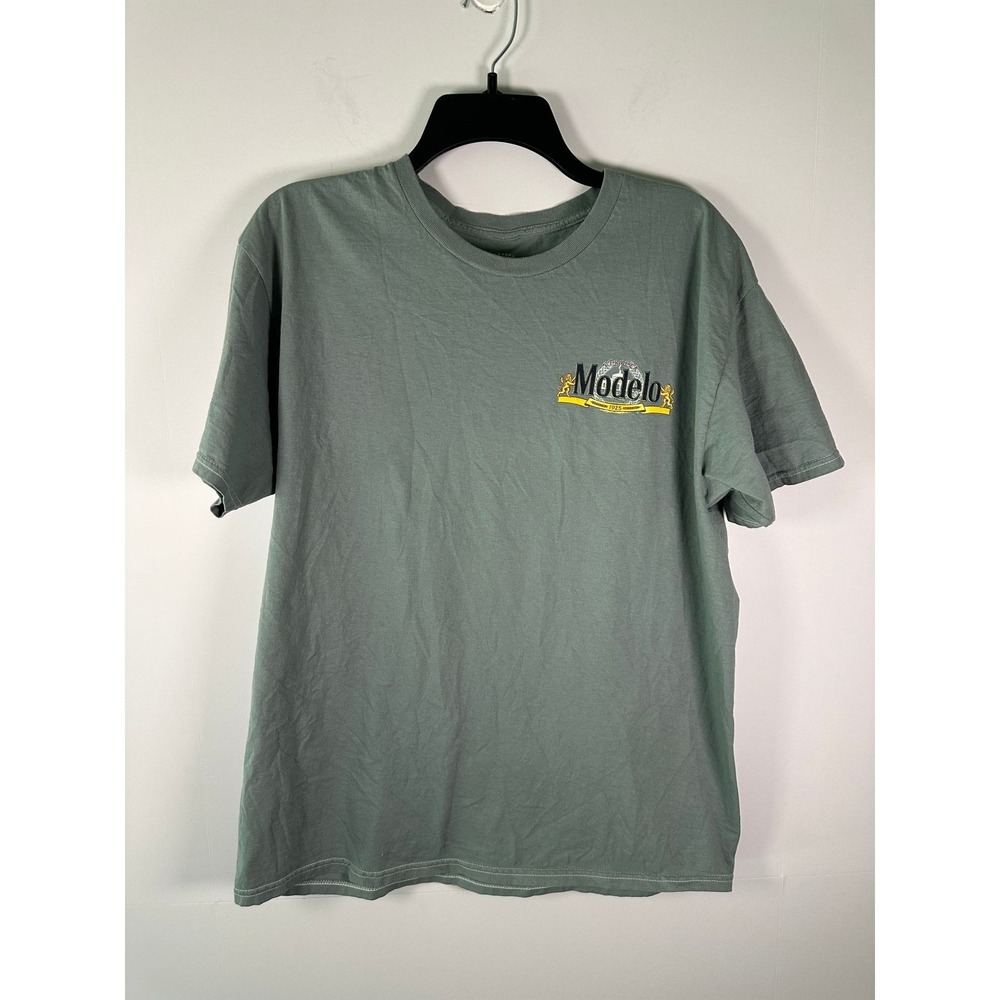 Modelo Graphic T-Shirt Mens L Short Sleeve Crew Neck Beer Logo Green Back Print